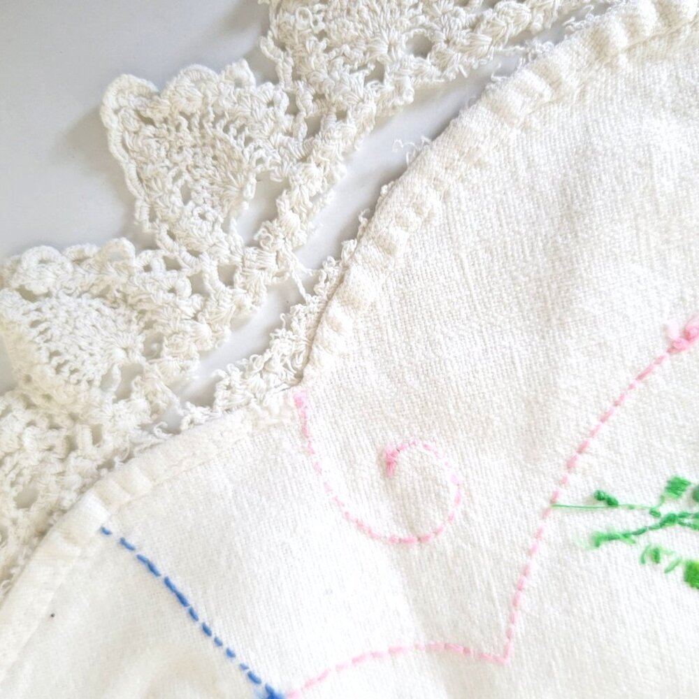 Vintage Embroidered Dresser Scarf Table Runner Flowers Crocheted Trim 26" x 20" - Picture 6 of 8